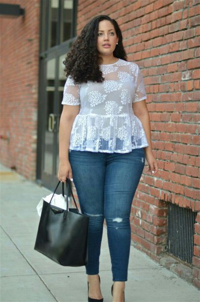 White sheer peplum top, jeans and ballet flats