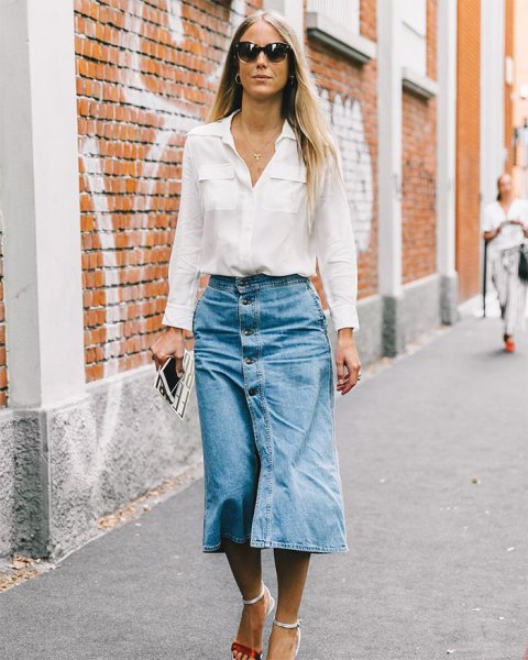 White shirt with front pockets and denim midi skirt with button front