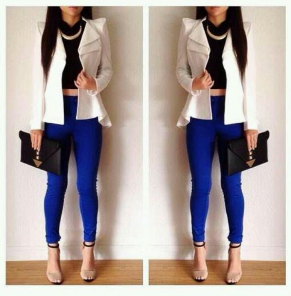 White blazer with puff sleeves, royal blue leggings and open heels