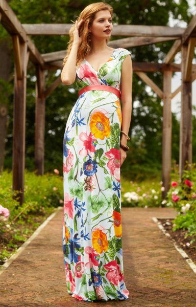 White, red and blue floral Hawaiian style floor length dress with a flared silhouette