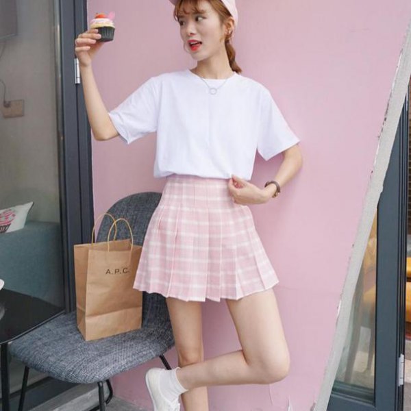 Relaxed fit white tee with high rise pink and white checkered skater skirt