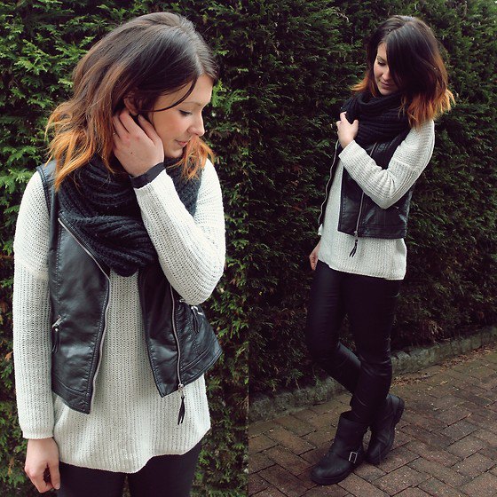 White rib sweater with black vest and infinity scarf