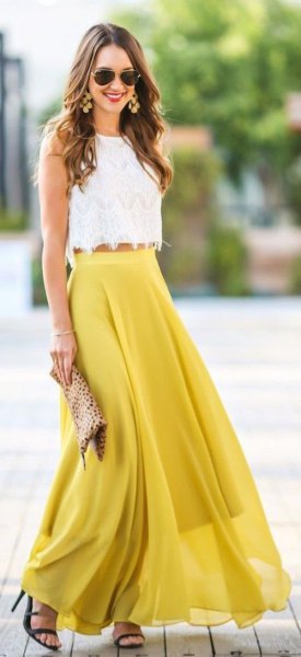 White scalloped crop top with mustard flowy maxi skirt