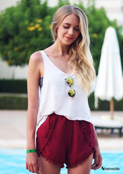White scoop neck tank top and red mini shorts