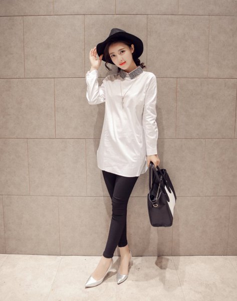 White long shirt with sequin collar and leggings