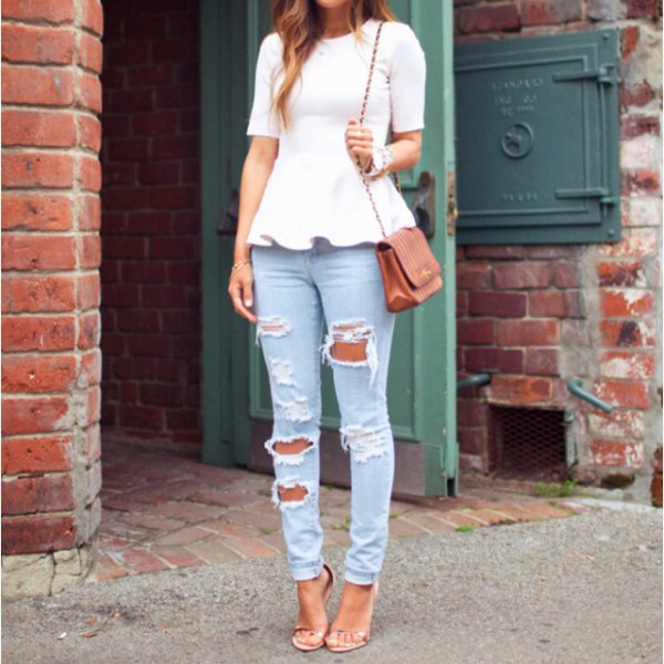 White short sleeve peplum top with ripped light blue jeans