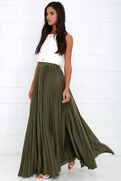 White sleeveless crop top with pleated maxi skirt