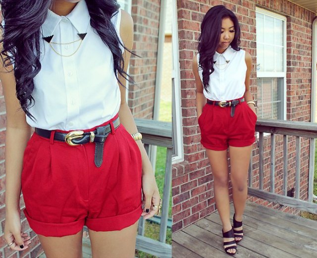 white sleeveless shirt with belted shorts and strappy sandals