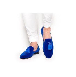 white slim-fit chinos with a sweater and royal blue loafers