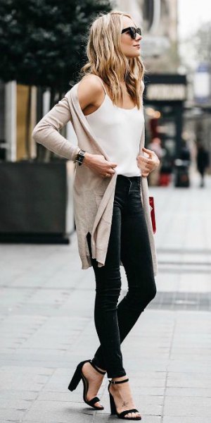 White chiffon tank top with spaghetti straps and pale pink long casual jacket