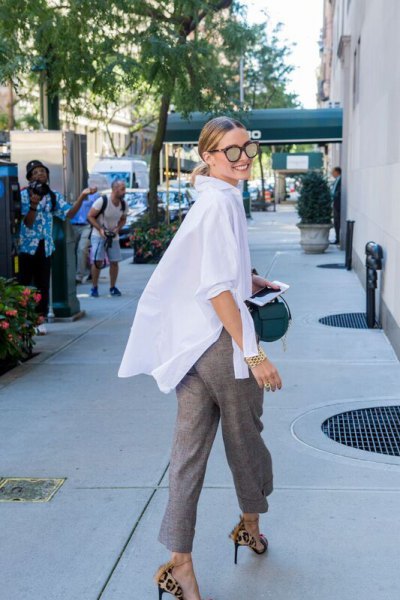 White super oversize shirt with gray cropped chinos