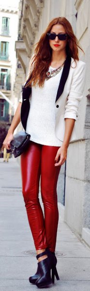 white sweater with fitted blazer and leather leggings