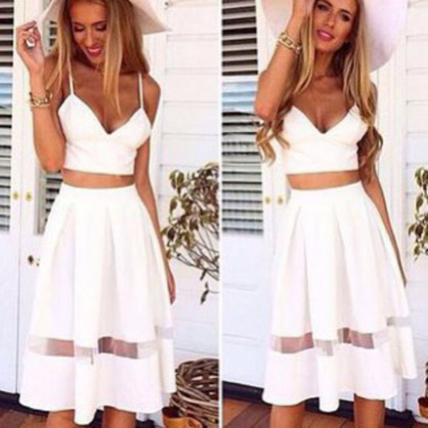 White bodycon sweetheart crop top with high waisted flared midi skirt