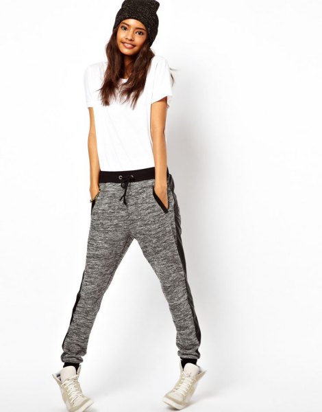 White t-shirt with gray beanie and matching sweatpants