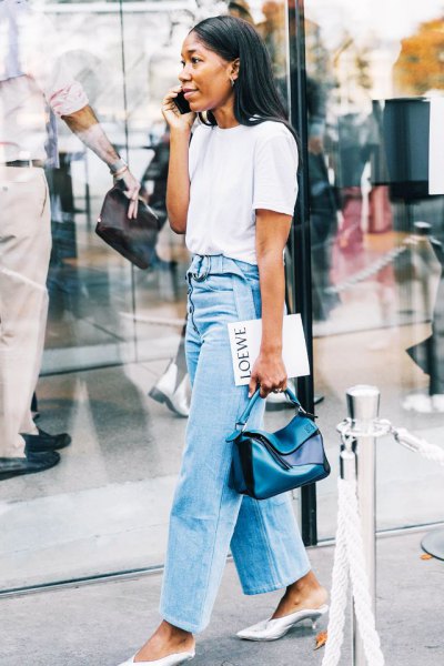 White t-shirt with light blue high-rise wide-leg jeans