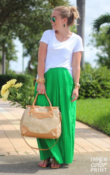 White t-shirt with lime green maxi pleated skirt