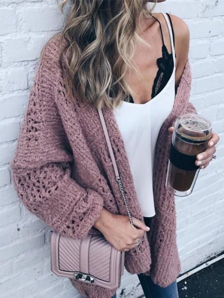 White tank top with gray oversized cardigan