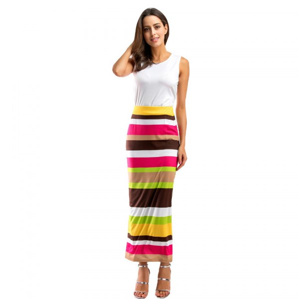 White tank top with pink, black and yellow maxi skirt