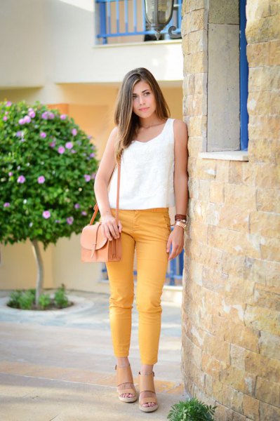 White tank top with mustard yellow skinny ankle pants