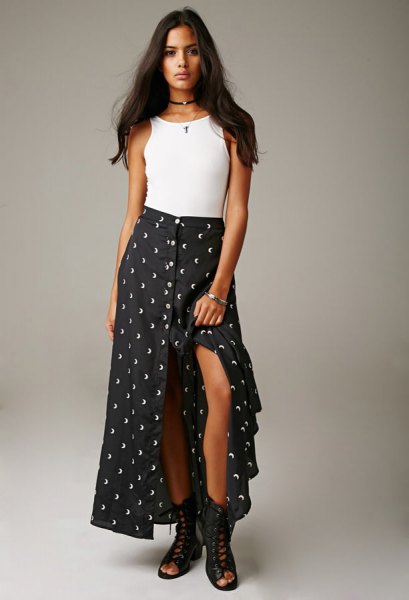 White tank top with polka dot maxi skirt with high slit