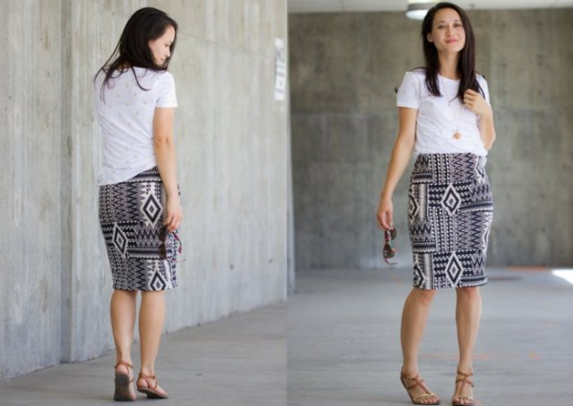 White t-shirt with black and white knee-length tribal knit skirt