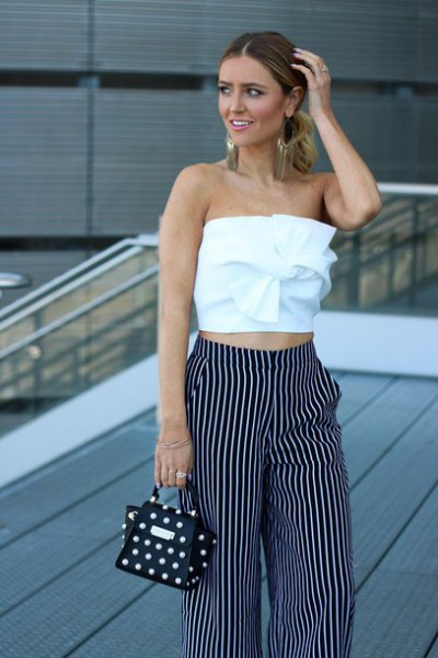 White tube top with tie front and striped wide leg pants