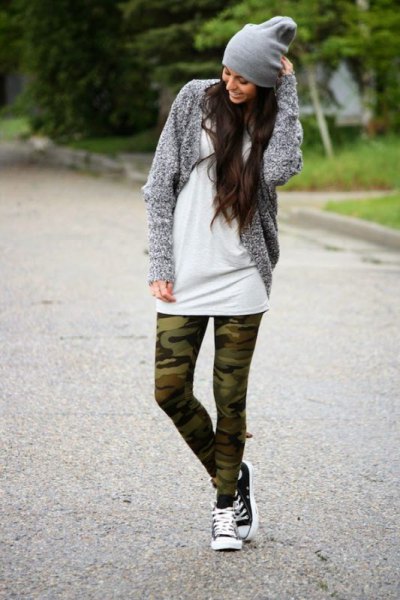 White tunic dress with gray marl cardigan and camo leggings
