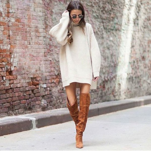 White ribbed turtleneck mini straight fit sweater dress and camel thigh high boots