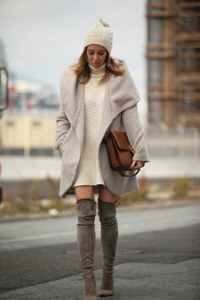 White turtleneck sweater dress and gray long wool coat