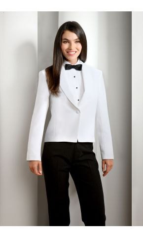 White tuxedo jacket with black pants and bow tie