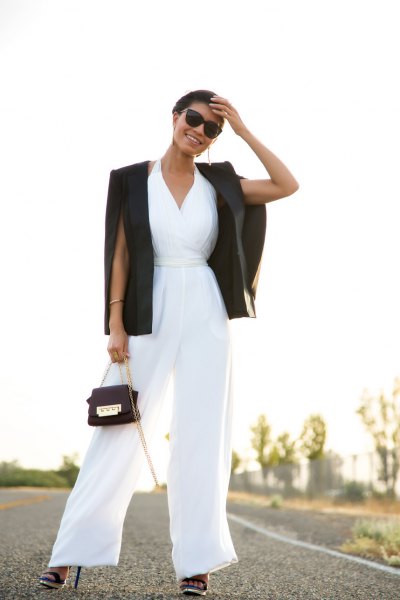 White V-neck fit and flare jumpsuit with black blazer