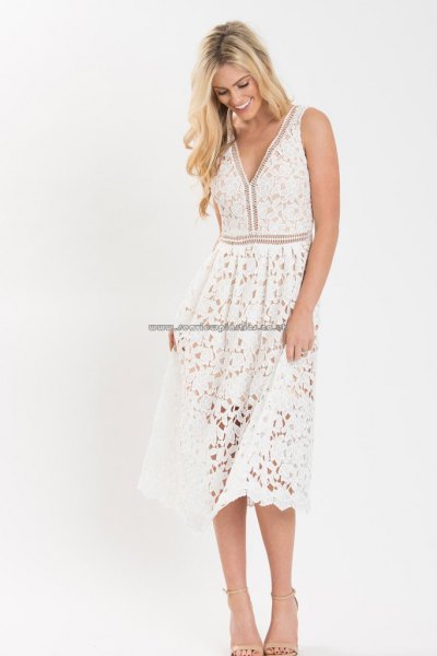 White lace v-neck tank midi dress with a flared silhouette and open toe heels