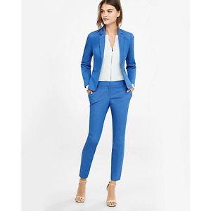 White zip-up blouse, blue suit jacket and ankle pants