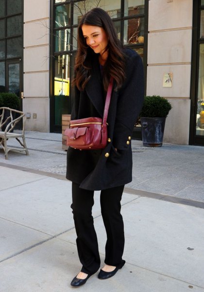 Wool coat with straight leg jeans and black ballet flats