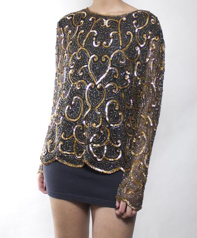 Yellow and black embroidered glitter shirt with mini skirt