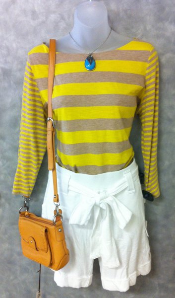 Yellow and gray striped long sleeve t-shirt with white tie front mini shorts