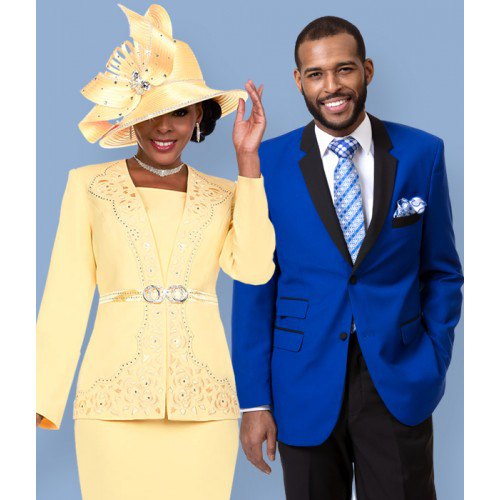 Yellow belted blazer jacket, midi skirt and church hat