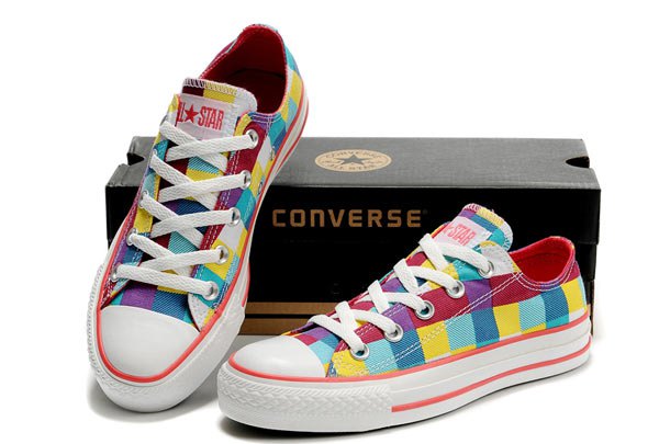 Yellow, blue, red and white canvas low top sneakers