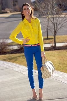 yellow button down shirt and bright blue ankle pants