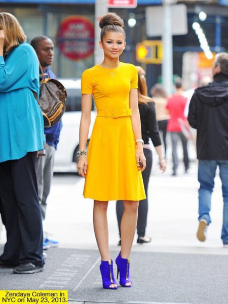 Yellow Knee Length Flared Dress with Royal Blue Open Toe Ankle
Boots