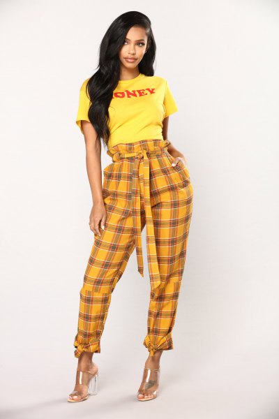 Yellow graphic tee with cuffed front check trousers