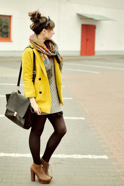 yellow jacket with pink cable knit mini sweater dress