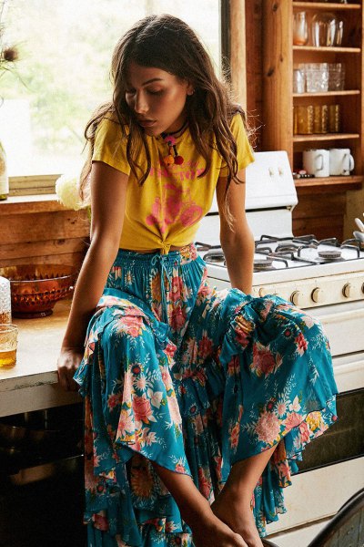yellow knotted t-shirt with blue printed breezy maxi skirt