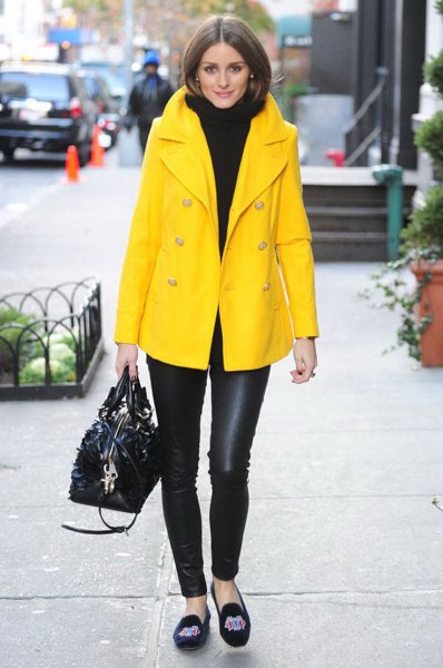 Yellow oversized blazer coat and black chunky turtleneck sweater