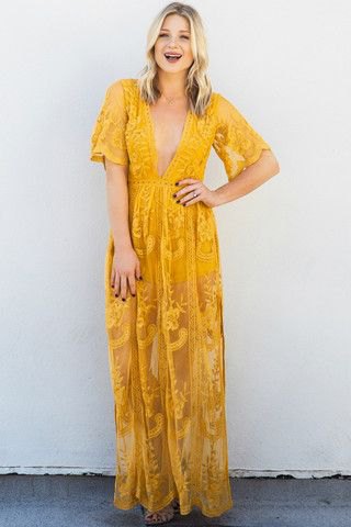 Yellow deep v-neck short sleeve printed long dress