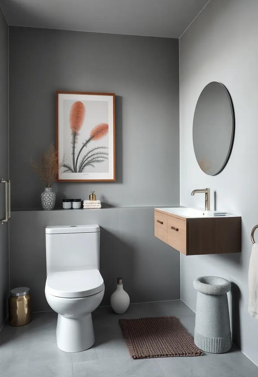Showcasing Artwork And ​Accessories In A Modern grey Bathroom