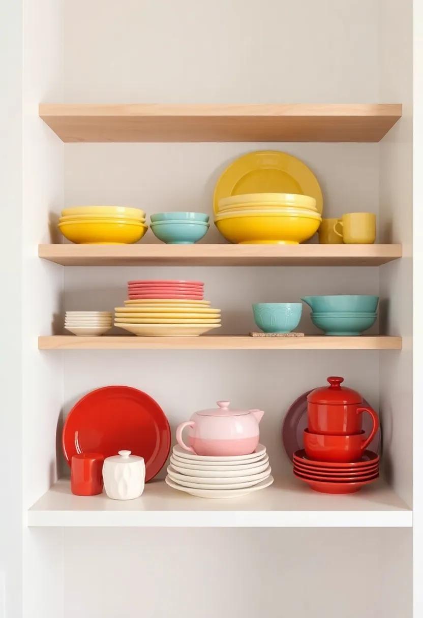 Fabulous ​colorful Dishware that Elevates Open Shelf Design