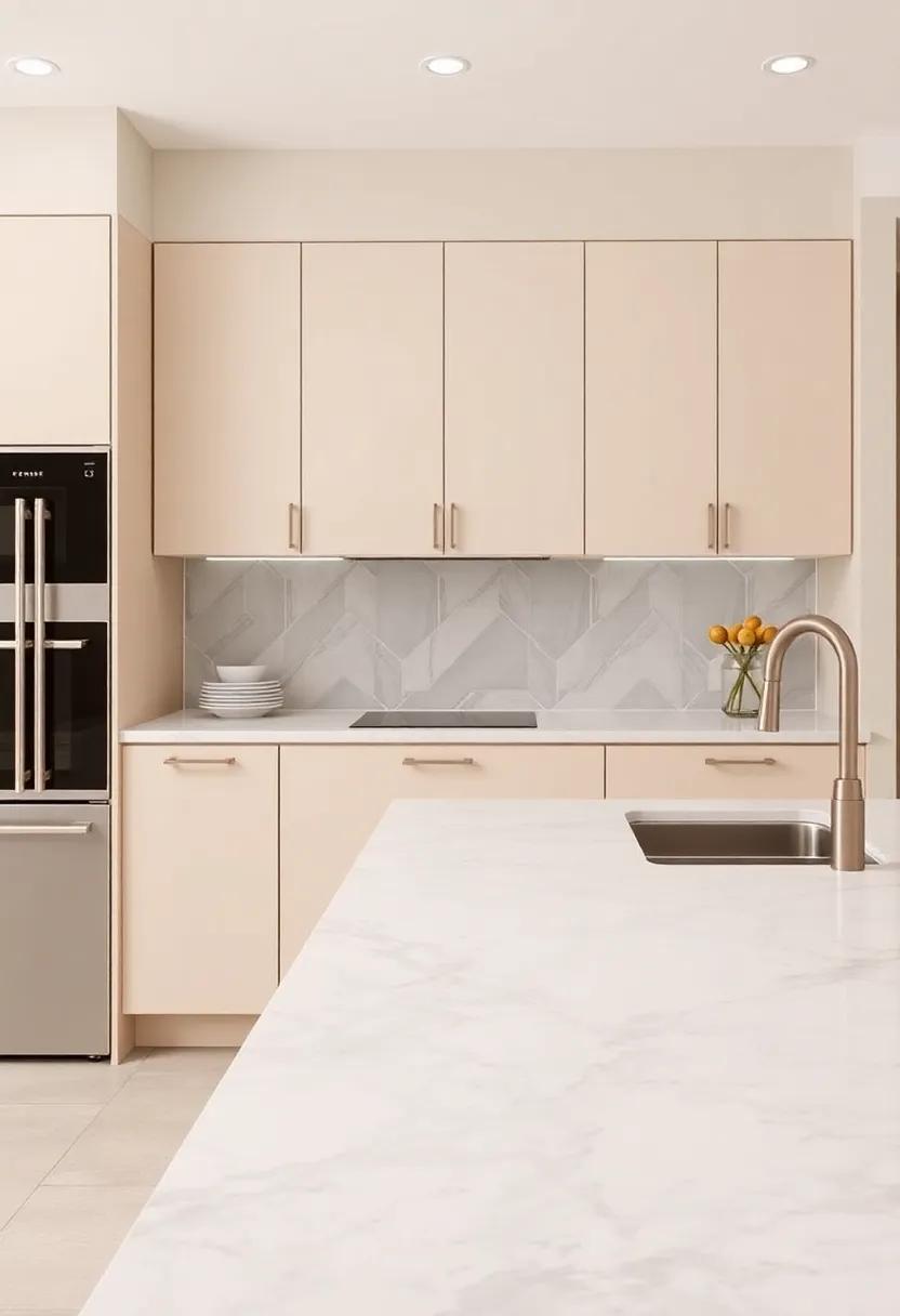Choose Bold Countertops: Let striking granite or quartz countertops take center stage against the subdued backdrop of beige