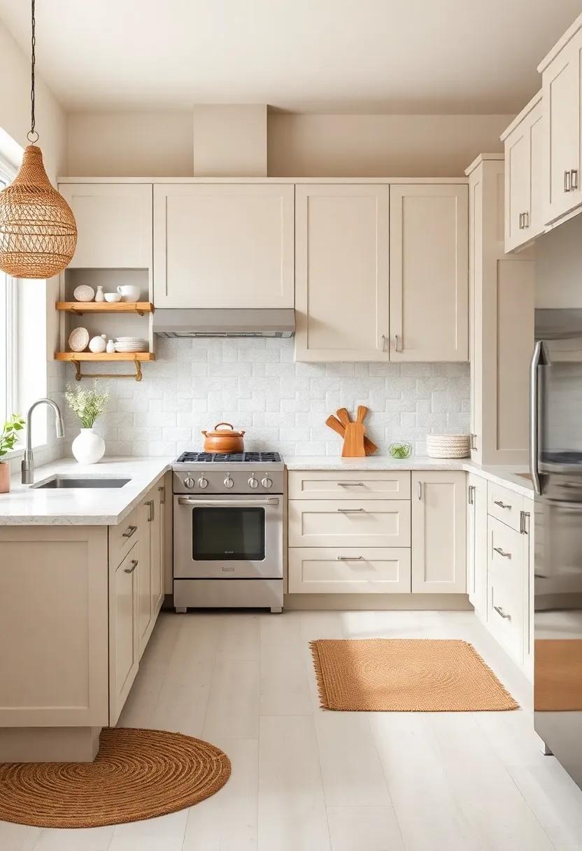 Go Coastal: Style your kitchen with a beachy vibe by adding light blue decor, seashell motifs, and jute rugs alongside beige cabinetry