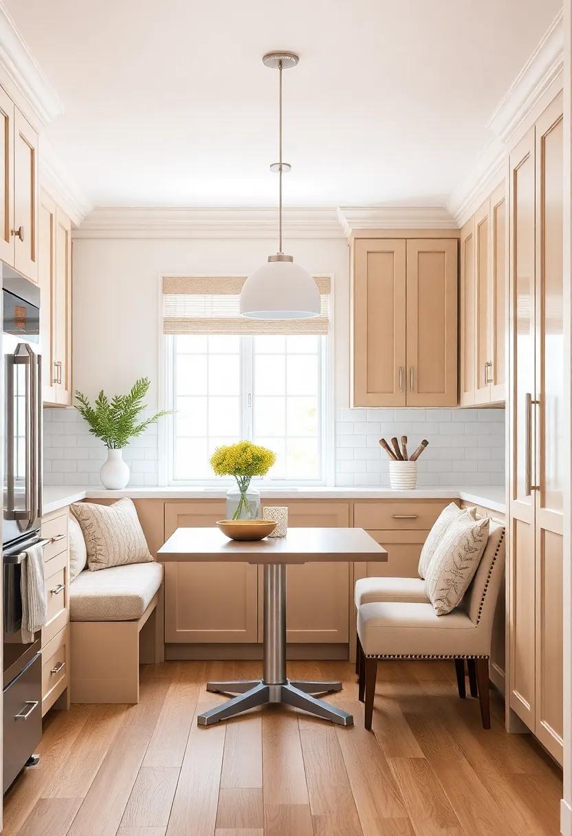 Create a Breakfast Nook: Establish a cozy breakfast area with beige cabinetry and soft seating to make the kitchen a comfortable gathering spot